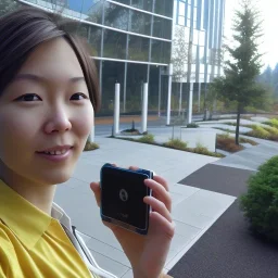 A short haired, Japanese female software engineer from MIT taking a selfie in front of Building 92 at Microsoft in Redmond, Washington