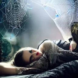 woman asleep on satin pillow with spiderwebs on face and mascara running down face, gothic, 8k, high-quality, fine-detail, intricate, sharp, crisp, digital art, detailed matte, illustration, octane render, brian froud, howard lyon, Anne Dittman, Anne Stokes, Lisa Parker, Selina French