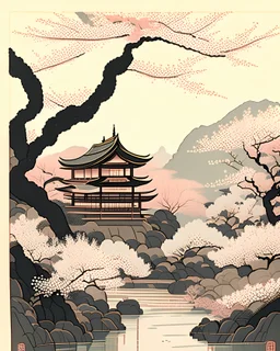 A serene, Japanese woodblock print-style illustration of a traditional temple set amidst a tranquil landscape of cherry blossoms, gentle streams, and rolling hills, using a soft color palette and delicate composition techniques.