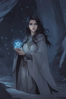 A female DnD character in a dark cave. A mysterious half-elf twilight cleric with dark hair and blue eyes. Wearing a grey robe with star symbols on it.