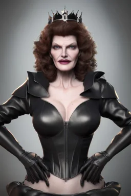 Rene Russo as evil queen in black leather gown, angry, busty, curvey, cleavage, unreal 5, octane render,cinema4d, dynamic lighting, dramatic lighting, 4k, redshift render, highly detailed, hyper realistic