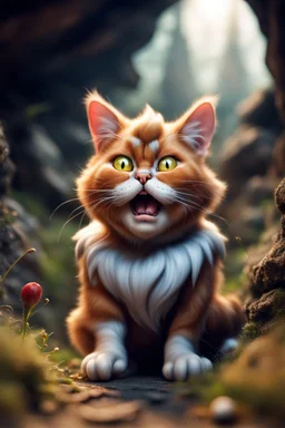 big scary cat seen from the perspective of a tiny gnome hiding