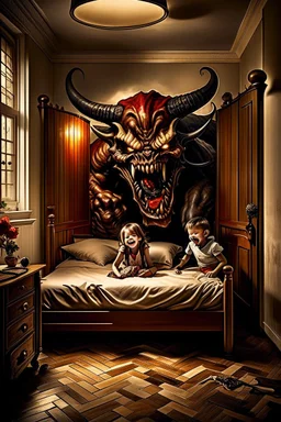 children looking a big demon into the corner of theri bed room