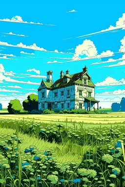 Disused, Victorian Manor House, Blue Sky, Over-Grown Fields, Vector Art