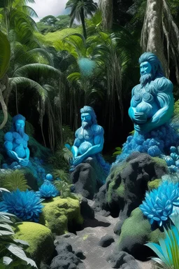 A blue grove with geode crystals designed in Hawaiian tiki statues painted by Gustave Courbet