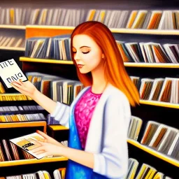 white skin Girl in a Record store holding record of song's in the key of life oil painting zoomed out