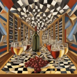 discord and rhyme wine glasses, Escher-like wine rack, op art neo surrealism, by Oleg Shuplyak, by Igor Morski, by optical illusion.