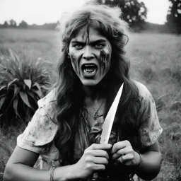 [vintage style noisy scratches glitches, Shot the texture and then rewound the film and double exposed the face] 1970s angry Hippie warrior woman with a knife gripped tightly in her hands fighting Alien liquid saliva monster. Face to face: Its drooly, drooling head looms dangerously close to her pretty face, dripping with acidic saliva. the world emits eerie, otherworldly sounds that reverberate through the liquid landscape.