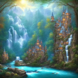 turquoise river, sun, waterfalls, fairy castle