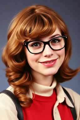 full color image, 1980's yearbook photo, girl, Molly Ringwald, 24 years old, a sly, clever smile on her face, 1980's clothing and hair styles, 4k UHD, photorealistic, (big, full, plump, pouty lips:1.5) big cat-eye eyeglasses, full body, head to toe, full frontal