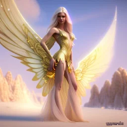 beautiful fairy very etheric, nice smiling, long blond hair, magic glamour pink make up, delicate colors, complete vision of very transparent golden and big wings, beautiful glamour transparent golden dress, ultra sharp focus, 8k, unreal engine 5, extremely sharp detail, light effect, soft light atmosphere, smooth, full of details, face in front, complete vision of face and hair and of the body