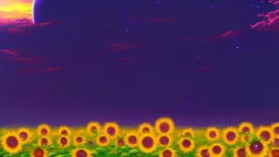 purple sky full of stars, sunflower field, anime