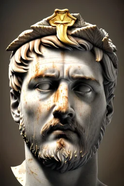 Ultra Realistic image, Roman sculpture, white marble material, Lionel Messi, gold Laurel leaves wreath, renaissance ornaments, one gold star in heart, sun ornament, sun rays background, chisel style, waist up portrait, emperor style, epic, celestial, cinematic lighting, God light, god rays, 4k resolution, smooth details, ornate details, soft lighting, unreal engine 5, art station, substance 3d.