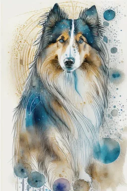 Abstract wet watercolour of a rough collie, ink lines, interlinked circles,detailed focus on eyes