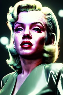 Ultra Realistic retro sci-fi 1960 scene, waist up view portrait, blonde woman, sweet young Marilyn Monroe face, perfect iris, tight latex coat, alien planet background, tight style, steel sphere dron levitating, fog, rain, soft color, highly detailed, unreal engine 5, ray tracing, RTX, lumen lighting, ultra detail, volumetric lighting, 3d, finely drawn, high definition, high resolution.