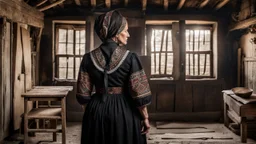 in front of the picture from the back, an middle-aged woman in a black vintage hungarian folk dress with brown hair in black woman headscarf , her standing in villager room and looking at a wooden cross on the wall , old, village environment, little light, sad atmosphere, high detailed, sharp focus, high realistic, perfect photo