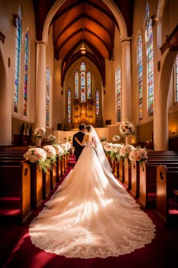 "Picture a timeless moment inside a majestic, sunlit church where a radiant bride and her dashing groom are standing at the altar. The bride is resplendent in her white wedding gown, adorned with intricate lace and a flowing train that cascades gracefully behind her. She holds a bouquet of fragrant, pastel-hued flowers, her eyes shimmering with happiness and anticipation. The groom, in a classic black tuxedo, stands beside her, wearing a warm, proud smile. The church is bathed in soft, golden li