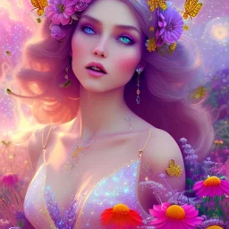 bright fairy, beautiful portrait, flowery landscape, cosmic atmosphere, perfect composition, 8k, super detailed, delicate flowers, complemfentary colours, intricate details