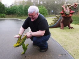 A man petting the cute dragon