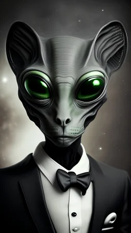 Alien masked with tuxedo , have round face and cat eyes