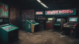 desolate dark arcade, many arcade cabinets, horror, no humans