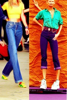 year 1996 denim fashion. Loose fit, low waist, baggy. Colors: denim blue, blue, purple, khaki, light green, lilac, plum, orange, terracotta, red, light yellow, lion yellow, pink, dark blue, beige. Women models. Jennifer Lopez, Kate Moss, Gwyneth Paltrow. Big tennis shoes on.