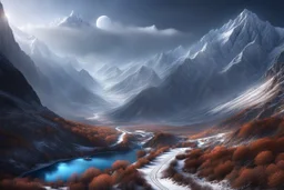 A valley through Himalayan winter mountains. a mountain 3 times higher that the rest at the end of the valley. h. r. giger. fantasy concept art, exquisite realism, a masterpiece, dynamic lighting, hyper detailed, intricately detailed, deep color, Unreal Engine, volumetric lighting , Epic cinematic brilliant stunning intricate meticulously detailed dramatic atmospheric maximal,