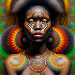 dibujo al oleo de cuerpo entero de mujer tribal papua bella con tatuajes estilo Gustav Klimt 4k