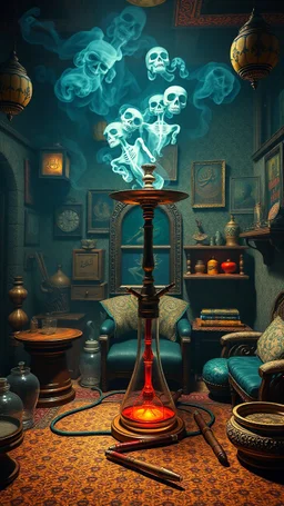 Bosch painting style nightmare , 3D , a Hookah smokers room with middle eastern decor on the background, high Quality picture , 8k