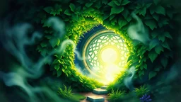 A mystical watercolor painting, depicting an intricate portal hidden within a lush green bush, enveloped in a soft mist and glowing with ethereal light