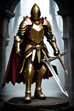 photorealistic holy knight paladin in darkly gold armor and a cape wielding a greatsword in abyss