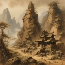 A brown ruins near a mountain painted by Zhang Lu