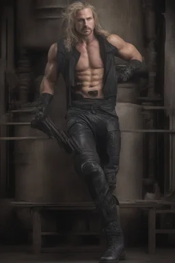 ProtoVision - Absolute Reality - Realism Engine XL - PhotoReal, a man, 6'7.5'' tall, 310 lbs, blonde hair, long, extremely muscular, skintight, formfitting jumpsuit, knee-high black leather combat boots, red diamond on the chest