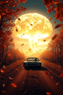 foreground with many falling leaves, behind is a nuclear explosion's mushroom cloud that looks more like a tree in fall, with explosion radiating outward, many leaves falling in foreground, ground is dirt and scorched with a road coming down the middle towards viewer, on the road driving towards the viewer is a black 1963 Lincoln Continental with the roof down and a giant racoon driving , angelic fantastic lighting