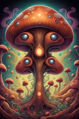 Psychedelic exotic brown alien creature that resembles mushroom shape, with eyes and a mouth, alien creature character illustration, Z brush, highly detailed, anime style, vibrant non-natural colors, earth tones, trippy artwork, surreal landscape with wavy kaleidoscopic patterns, retro drawing style, curvaceous shapes inspired by Art Nouveau, fantasy, day-glo, 90s airbrush cartoonist style, Camilla d'errico , retro futuristic