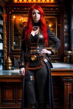 full body and headshot of a skinny Cleopatra, with long straight red hair, dressed as an assassin standing in a steampunk setting.