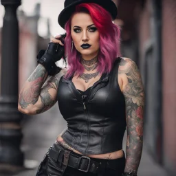 Picture of a photrealistic, lifelike,young 33 year old chubby extreme tatood girl with big scary knifes in her hands and a 46 years old extreme tatooed woman, dressed in gothpunk clothing and boots,