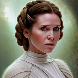 round framed complete and ultra realistic detailed head to waist portrait of young carrie fisher as Princess Leia with realistic hairstyle by Mandy Jurgens and mucha and Richard Schmid and chuck close and chie yoshii, extraordinary and detailed ceremony dress of star wars,brown eyes