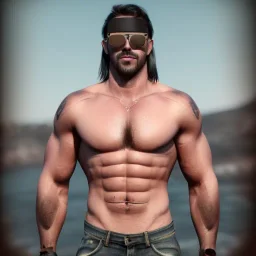 A waist to head shirtless muscular man with gang tattoos all over him and lots of chest hair, and ripped jeans. He has sunglasses, a towel around his shoulders, and a blonde moustache