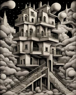 boceto a mano alsada A captivating, surrealist painting of a gravity-defying, Escher-inspired building with multiple perspectives, impossible staircases, and fantastical elements that defy the laws of physics, set within a dream-like landscape.