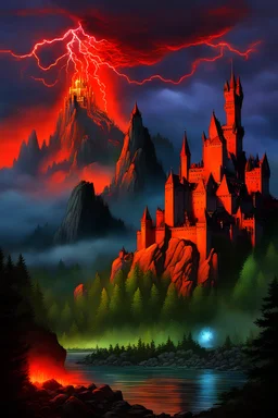 fire, lightning, wind, rain, volcanic lava, fireworks, explosions, multicolored neon lights, Count Dracula with red eyes and sharp fangs, craggy trees, giant boulders, dust, smoke, fog, clouds, bubbles, Neuschwanstein, Mont Saint-Michel, giant bats, giant gargoyles, Ogers, Dragons, Bigfoot, Frankenstein, Wolfman, the mummy, Giant Pee Wee Herman monster, an albino cat, snow white zombie