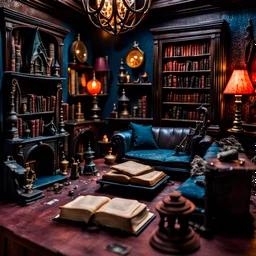 Detailed creepy living-room made of modeling clay, books, furniture, haunted, Harry Potter, very accentuated details, Tim Burton, strong texture, extreme detail, Max Ernst, decal, rich moody colors, sparkles, Yves Tanguy, bokeh, odd