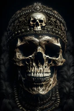 A portrait in the form of a skull with a traditional Russian kokshnik on the head. the skeleton itself is dressed in a fur coat, part of which is visible in the portrait. dark and scary tones. ultrarealism, hd