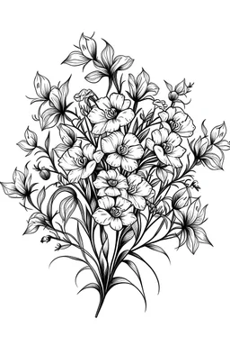 Petal Radiance buds, Petal Radiance flowers, delicate bouquet of flowers, white background, 2D, linear, black line