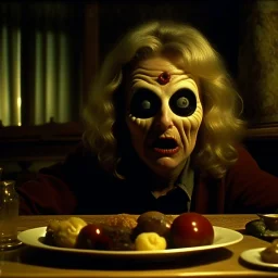 Spooky, ultra realistic distress, dining, ultra realistic hot woman, nose, giant eye on a table, organic hot bondes, dynamic, anguish, excited and lively scene, hypermaximalist figures, Creepy the Ring Alfred Hitchcock, Sam Raimi, insanely detailed, sinister, John Carpenter, Dario Argento, ornate