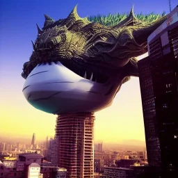 flying kaiju creature with stalked eyes and big mounth designed by zaha hadid destroying a city designed by dr Seuss