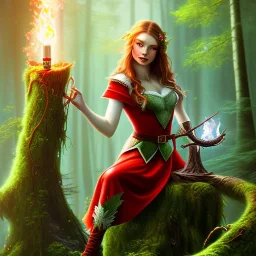 romantic fantasy spray painting, portrait of cute smiling green eyed red head robed elf poet with cute ornament,sitting on a branch, loosing torch in magical forest by waterfall