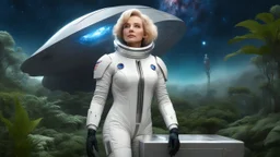A full-body photorealistic image of an adventurous older woman from the future, dressed in a tailored, full-body spacesuit, stands proudly beside her streamlined spaceship, standing on a metal box. Her untidy, blond hair has bangs. Standing in a jungle clearing. The scene is framed by a cosmic expanse of stars and nebulas.