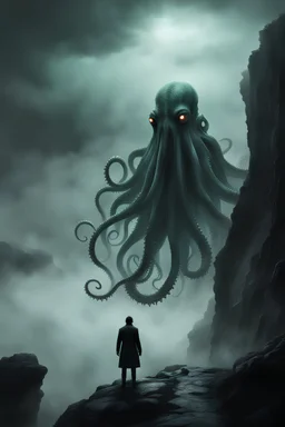 Cthulhu, a gigantic octopus-like creature with a human face, stands on the edge of a cliff, staring down at a small human figure. The creature is surrounded by a mist and has a dark, ominous aura.