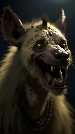 Crafting a terrifying 8K depiction of an evil old ugly hyena with dimples on his face rising hand up ,His presence exudes an unsettling aura of malevolence, instilling fear in all who behold him.